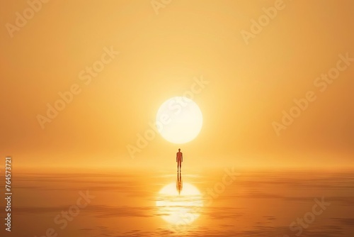 A serene, minimalist depiction of a lone figure standing before a vast, divine light, symbolizing spiritual awakening and enlightenment