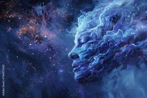 An otherworldly digital painting of a cosmic, nebulous deity with stars and galaxies swirling within its form