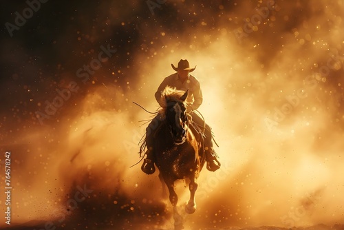 Cowboy riding a bucking bronco in a rodeo arena, stirring up dust. Concept Rodeo Events, Action Shots, Dusty Arena, Cowboy Lifestyle, Western Sports