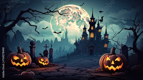 Pumpkins In Graveyard In The Spooky Night - Halloween Backdrop. Generative ai illustration.