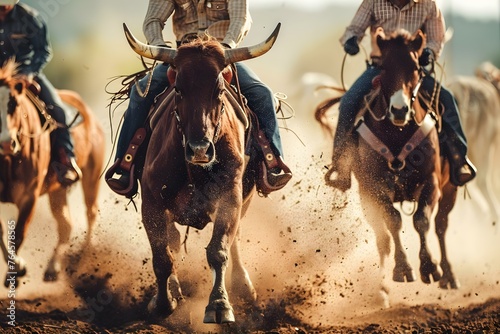 Rodeo cowboys showcasing their skills riding bucking broncos and roping cattle in actionpacked competition. Concept Rodeo Competitions, Bucking Broncos, Cattle Roping, Cowboy Skills