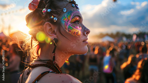 a female model looking out over the summer music festival, with a sparkling, glitter crystal face paint