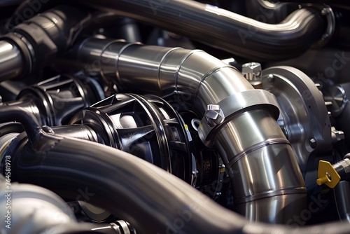 closeup of a turbocharger nestled among engine pipes