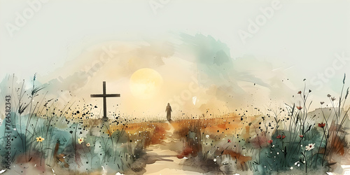 religious catholic illustration graphic of the cross of Jesus Christ the Savior, symbol of christianity and faith in god, watercolor art painting
