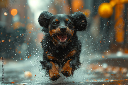 A black dachshund running past the in the city architecture. Happy weiner dog running in the rain