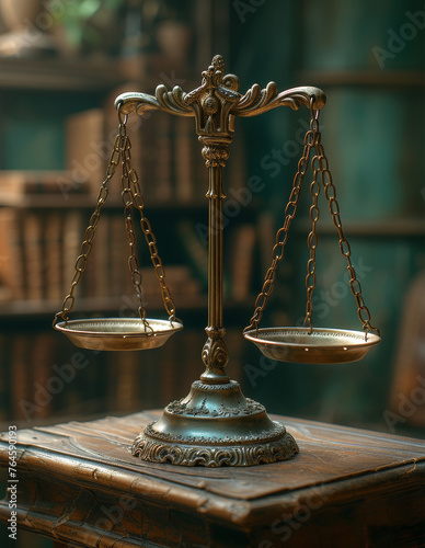 Scales of justice on wooden desk law library background