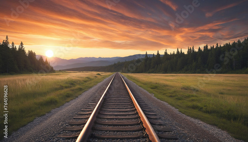 Clip art of a railroad track going straight into the sunset in the wilderness colorful background