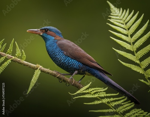 Vibrant blue kingfisher perched on a branch with green fern leaves in soft-focus background.