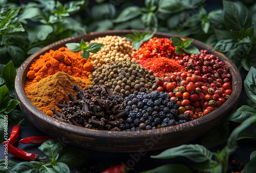 Bowl of colorful spices. A spices and peppers arranged in a bow