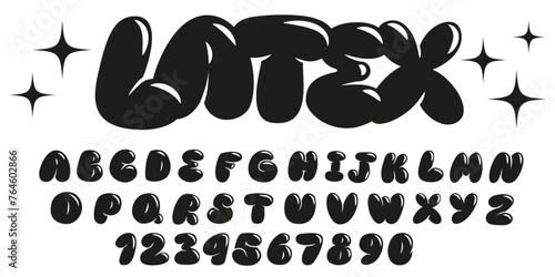 Inflated balloon alphabet letters and numbers, plump font design. Modern hand drawn vector illustration. Trendy English typeset, abc.
