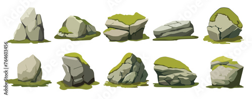 Cartoon stone with moss, jungle rock with moss, forest rock vector illustration set 