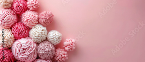 crochet yarn and supplies, small side border, pale pink texture top view background, minimalist, empty copy space