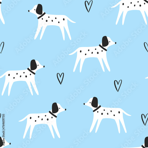 Cute hand drawn Dalmatian dogs with hand drawn kawaii hearts on a blue background, kids seamless pattern for textile and wrapping paper