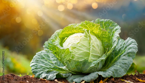 Fresh cabbage on the ground in garden. Organic agriculture. Natural and healthy food.