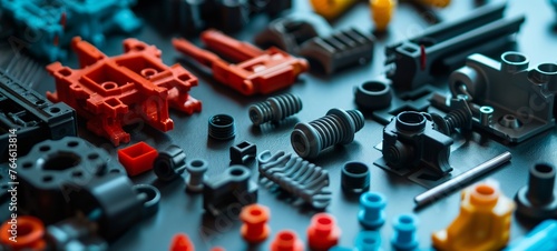 Assorted plastic construction components. Precision engineered thermoplastic parts, focusing on injection moulded gears, connectors, and structural pieces.