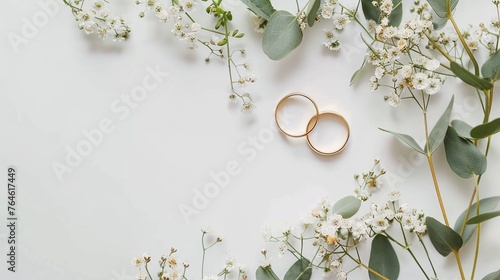 Wedding and engagement greeting card. Two rings and gypsophila flowers on white background