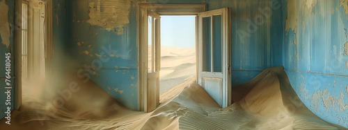 Old abandoned house filled with desert sand dunes.