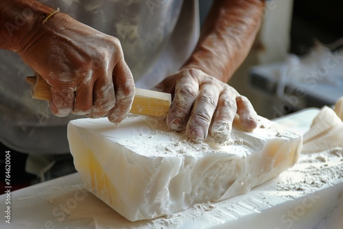 sculptor smoothing alabaster with rasps