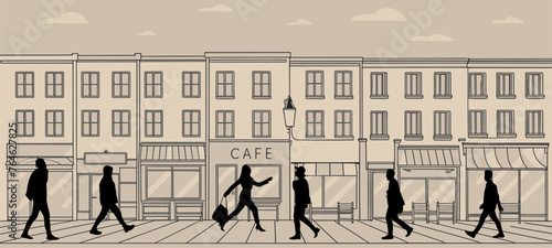 Silhouettes of People walking side view along City street. Modern megapolis panorama in monochrome beige colors with outline drawing of buildings, cafe and shop windows. Vector lifestyle illustration.