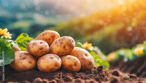 Freshly collected potatoes on the ground in garden. Organic agriculture. Natural and healthy food.