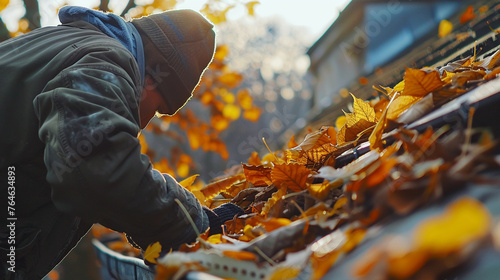 a man cleans the roof of a house from autumn leaves