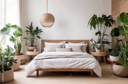 Interesting corner in a home garden, bedroom in light tones with wooden elements. Featuring: bed, parquet floor, and plenty of potted houseplants. Urban jungle interior design. Biophilia concept.