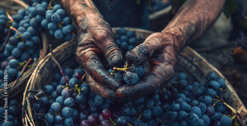 Freshly harvested bunch of ripe black grape in farmers hands. Autumn harvest. Selective focus. Shallow depth of field. 