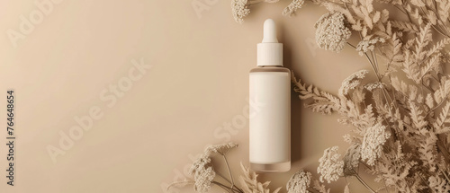 Beige pastel cosmetic mockup. Layout, Flat lay. Banner with cream jar, container, serum bottle, dry flowers and decoration. Skin Care beauty concept. Showcase for product presentation. Generative ai