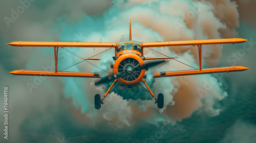Vintage Biplane Flying Among Clouds