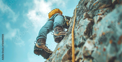 Close-up of mountaineer with trad climbing rack including backpack, chalk bag, harness with spring-loaded cams, nuts, quickdraws, slings and carabiners preparing for ascent in summer mountains.Ai 