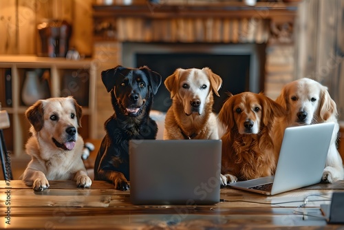 Dogs having a virtual meeting on a laptop discussing business matters and providing remote assistance. Concept Dog Business Meeting, Remote Assistance, Virtual Conference, Canine Consultants