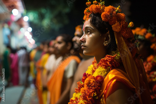 The devotion and spiritual fervor of devotees as they undertake the long Thaipusam procession. Soft focus.