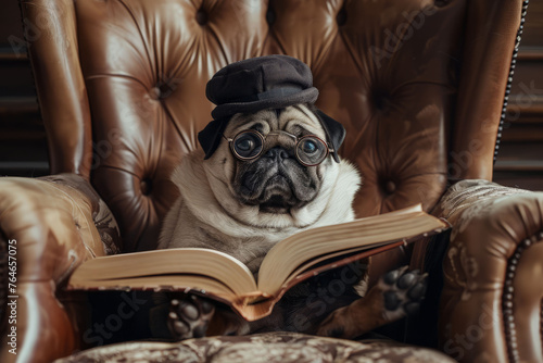 A pug in a bowler hat and round spectacles sitting on a vintage armchair with a book in its paws, portraying a sophisticated and cultured ambiance.