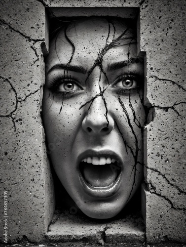 Illustration von psychischem Schmerz, Ausweglosigkeit. Schwarz-Weiß-Foto eines im Beton gefangenen Gesichts, das vor Angst und Qual schreit.