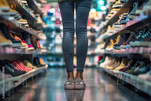 Back view of woman's legs in shoe store