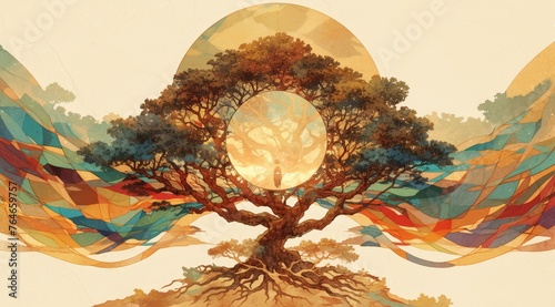An abstract representation of the Tree, featuring watercolor elements and a central circular design with an opening 