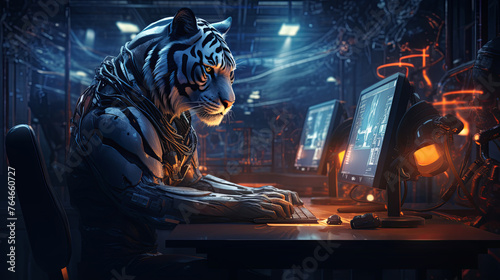 A robot tiger, dressed in cutting-edge business casual, and a human pore over cybersecurity measures, safeguarding a network illustrated on multiple monitors