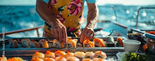 Chef preparing fresh sushi on a boat with sea backdrop
