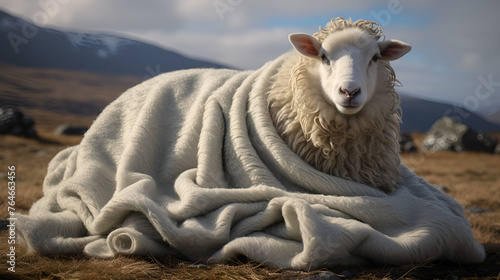 sheep in the mountains covered with woolen white color blanket, sheep in the woolen blanket 