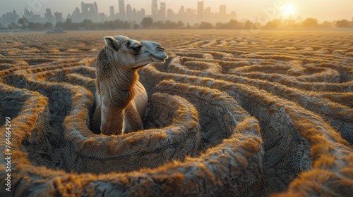 Witness the camel's journey through a labyrinth of towering corporate structures, embodying urban business agility.