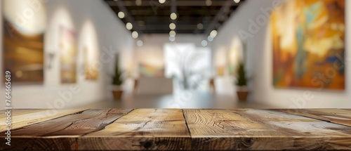 Wooden table with ample copy space. Background blurred image reminiscent of art gallery, interior, ideal for cards, banners, exhibition invitations, and vernissages. Indoor scene, nobody.