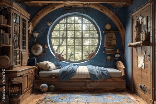 Interior of a children's room in a nautical style with globes and a round window.