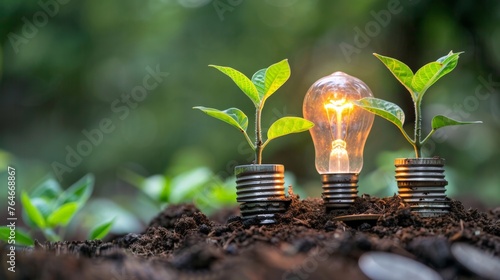 Light bulb is located on soil. plants grow on stacked coins Renewable energy generation is essential for the future. Renewable energy-based green business can limit climate change and global warming.