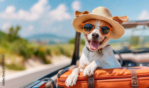 Cute dog goes on a trip by car with suitcases. Concept tourism, vacation.