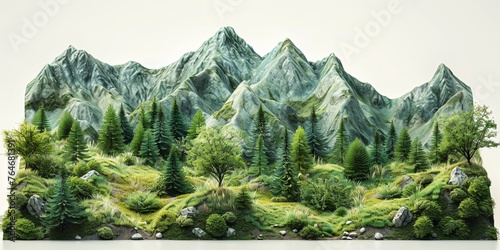 A picturesque mountain panorama with lush forests, and high peaks.