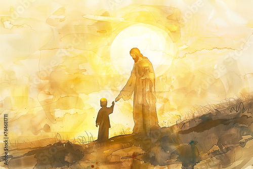 Jesus Holding a child's hand, takes child with him, forgive and bless him In the sunrise rays, watercolor painting in warm gold colors