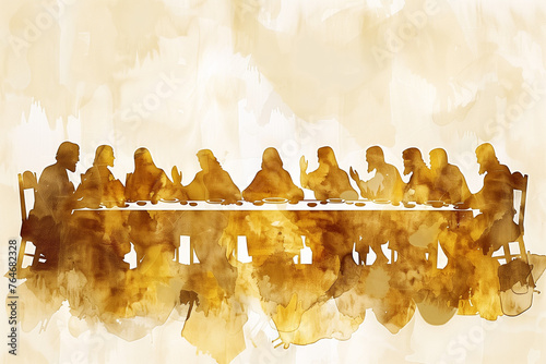 A painting in watercolor style of the last supper of Jesus