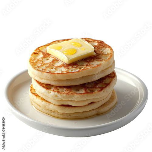 front view of Buttered Crumpets with a stack of crumpets topped with butter, served on a classic British crumpet plate, isolated on a white transparent background