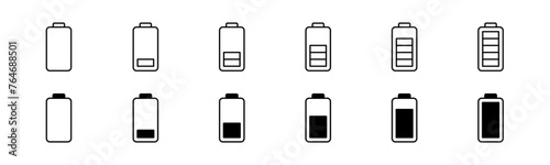 Mobile battery icon set. Phone battery level indicator. Line and glyph battery indicator