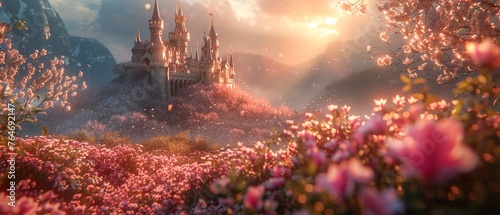 Castle entwined with florals, beautiful fantasy landscape, golden hour lighting close-up
